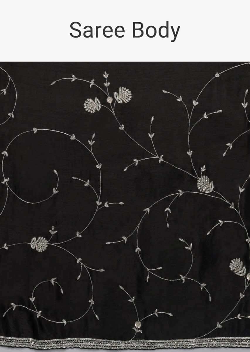 Ink Black Saree In Chinon With Stones, Pearls And Cut Dana Embellished Vintage Vine Pattern Online - Kalki Fashion