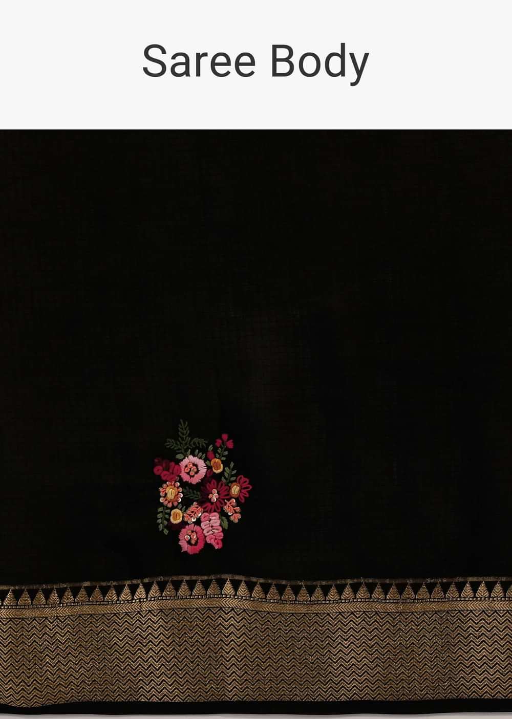 Ink Black Saree In Silk Blend With Checks Weave, Multi Colored Bud Embroidered Floral Motifs And Brocade Border Online - Kalki Fashion