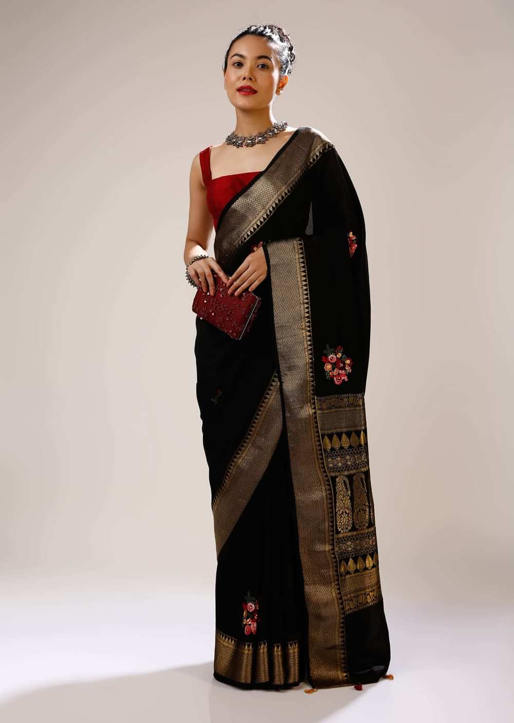 Ink Black Saree In Silk Blend With Checks Weave, Multi Colored Bud Embroidered Floral Motifs And Brocade Border Online - Kalki Fashion