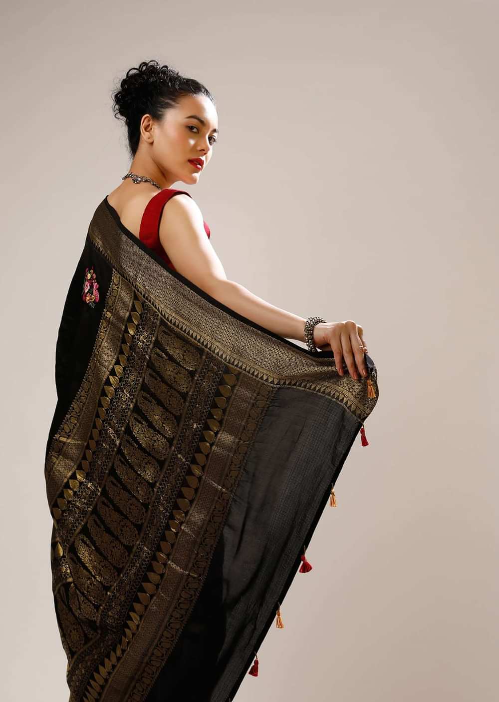Ink Black Saree In Silk Blend With Checks Weave, Multi Colored Bud Embroidered Floral Motifs And Brocade Border Online - Kalki Fashion