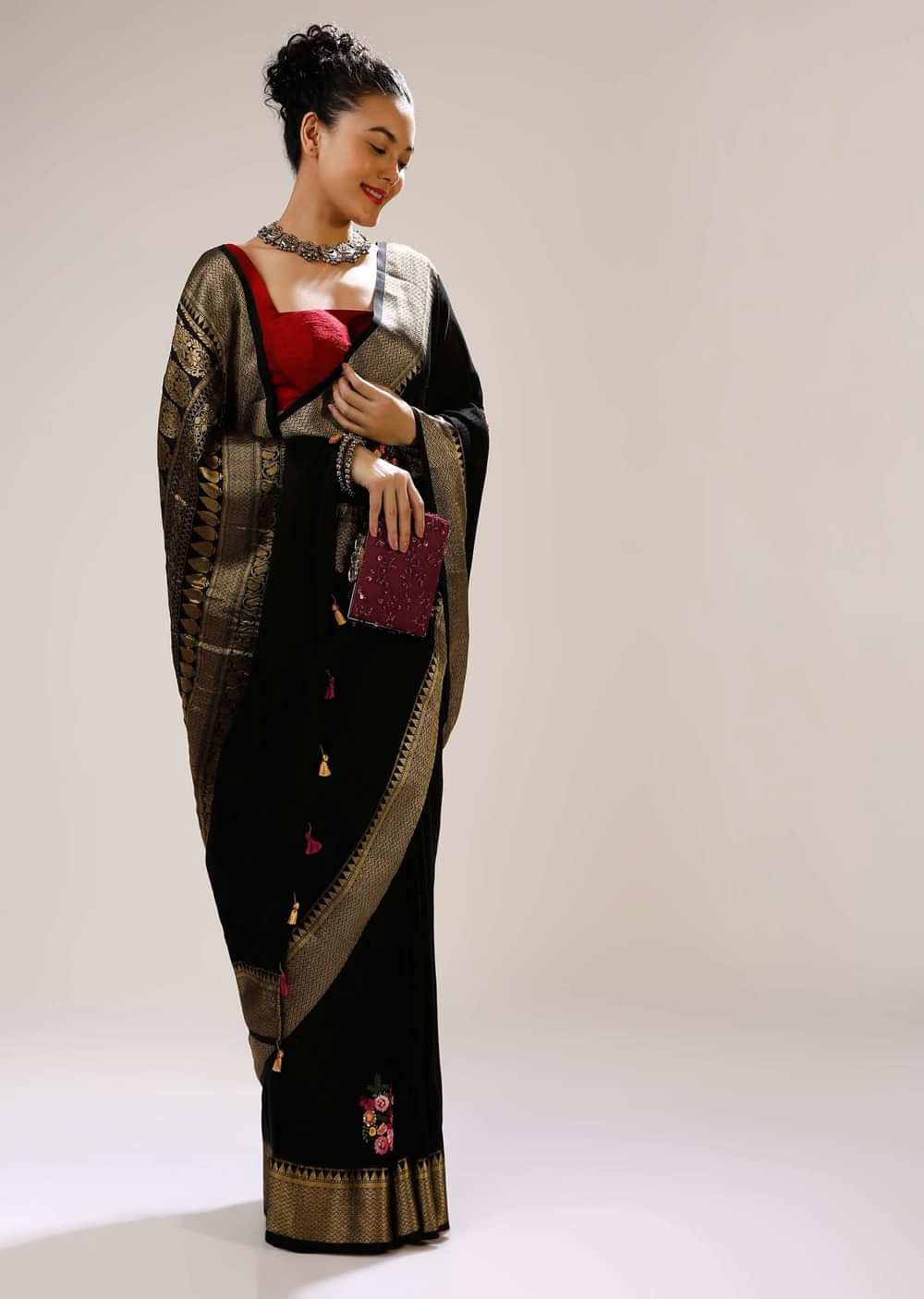 Ink Black Saree In Silk Blend With Checks Weave, Multi Colored Bud Embroidered Floral Motifs And Brocade Border Online - Kalki Fashion