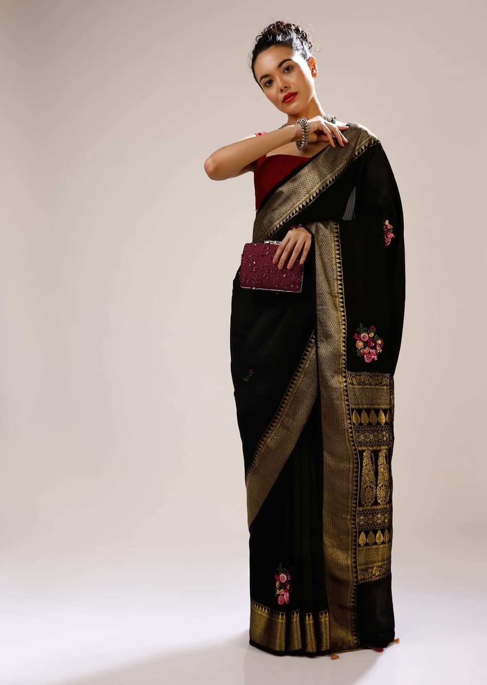Ink Black Saree In Silk Blend With Checks Weave, Multi Colored Bud Embroidered Floral Motifs And Brocade Border Online - Kalki Fashion