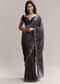 Ink Blue Linen Printed Saree With Hand Block Ajrakh Leaf Print