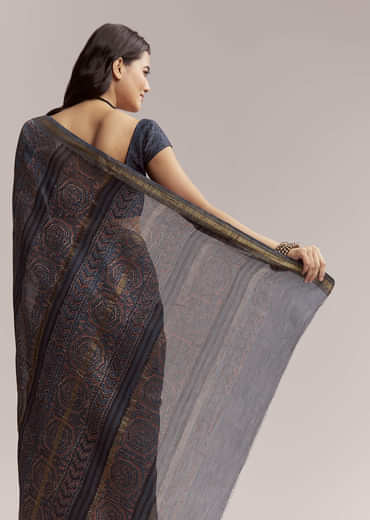 Ink Blue Linen Printed Saree With Hand Block Ajrakh Leaf Print