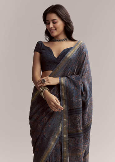 Ink Blue Linen Printed Saree With Hand Block Ajrakh Leaf Print