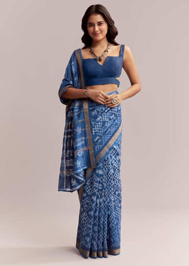 Ink Blue Linen Printed Saree With Heritage Shibori Print