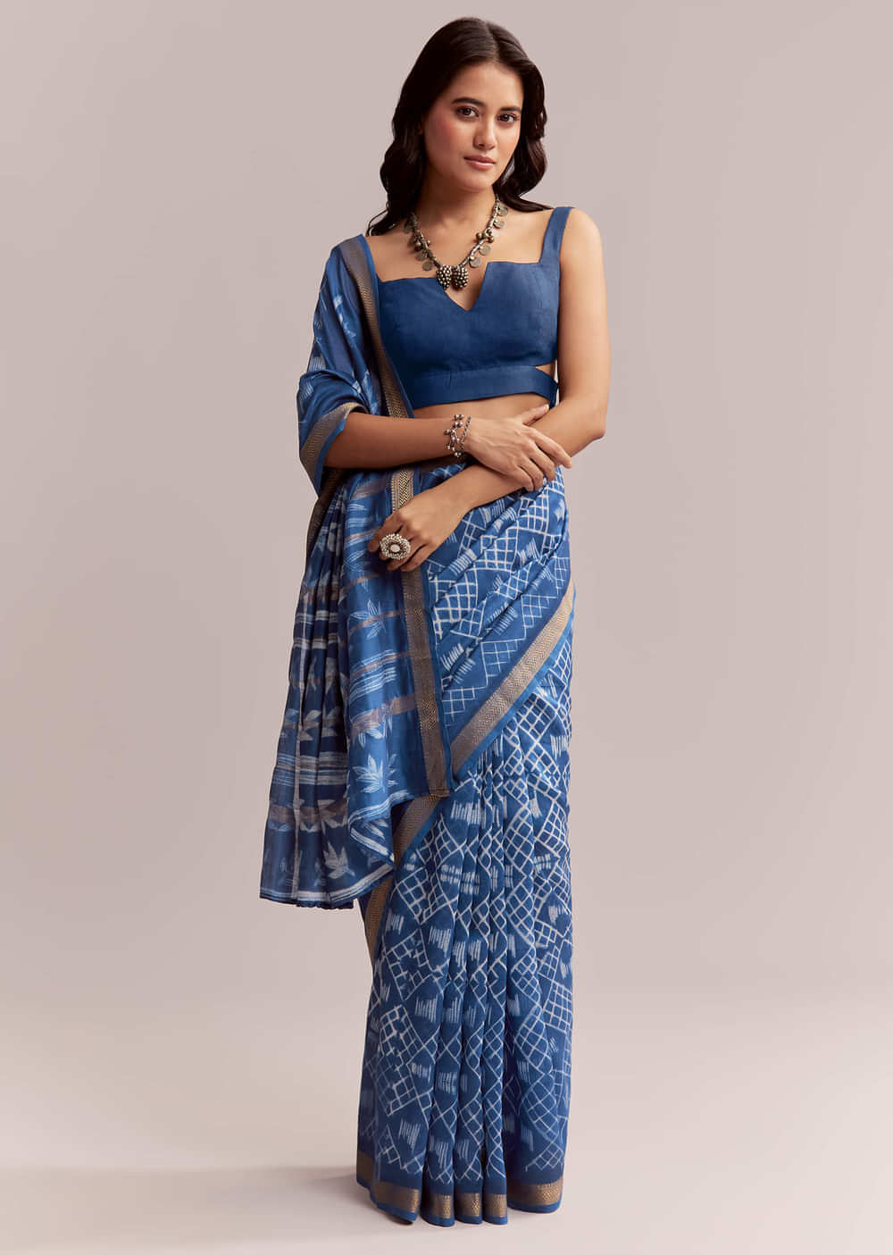 Ink Blue Linen Printed Saree With Heritage Shibori Print