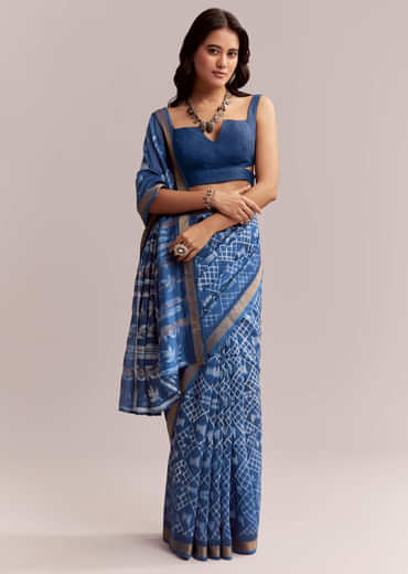 Ink Blue Linen Printed Saree With Heritage Shibori Print