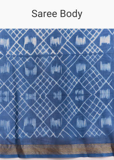 Ink Blue Linen Printed Saree With Heritage Shibori Print