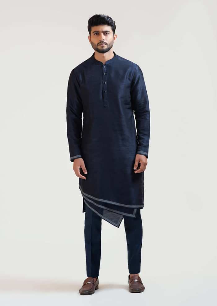 Ink Blue Geometric Panelled Kurta Set By Paarsh Atelier