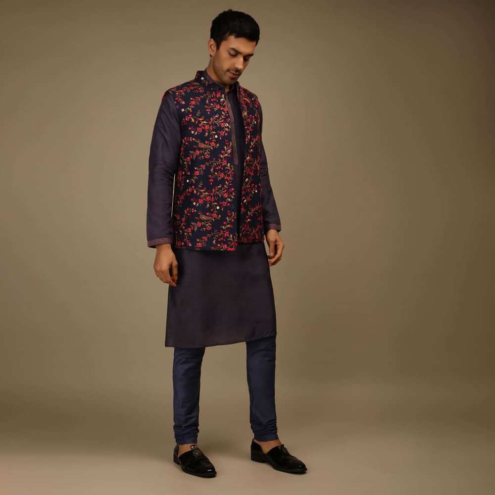 Ink Blue Nehru Jacket Set In Raw Silk With Multi Colored Resham Embroidered Floral Jaal