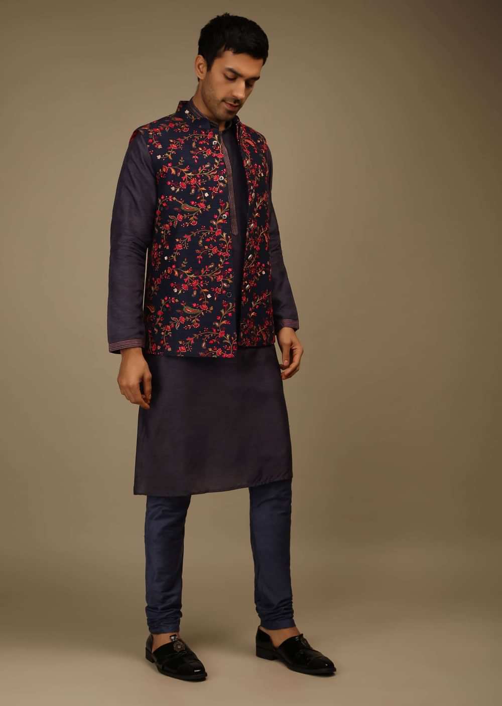 Ink Blue Nehru Jacket Set In Raw Silk With Multi Colored Resham Embroidered Floral Jaal