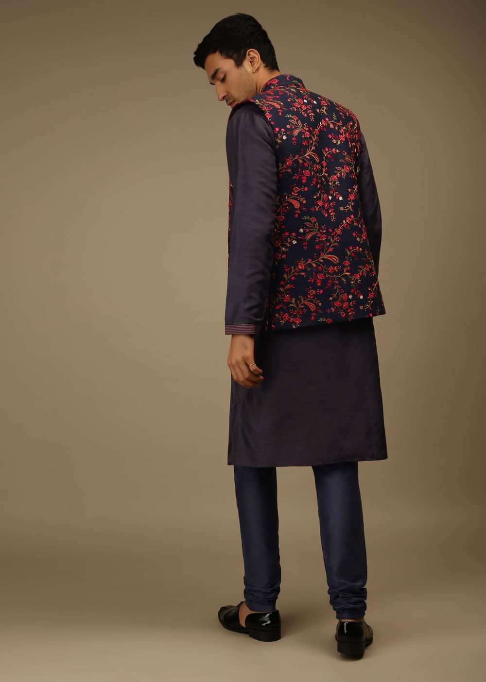 Ink Blue Nehru Jacket Set In Raw Silk With Multi Colored Resham Embroidered Floral Jaal