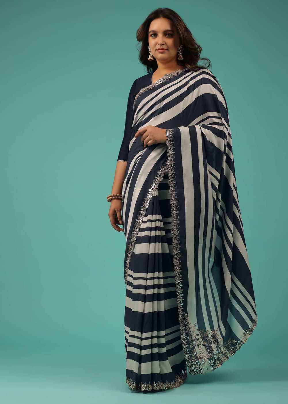 Insignia Blue Organza Fabricated Saree With Bandhani Print And Embroidery