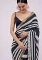 Insignia Blue Saree In Muslin With White Stripes And Embroidery