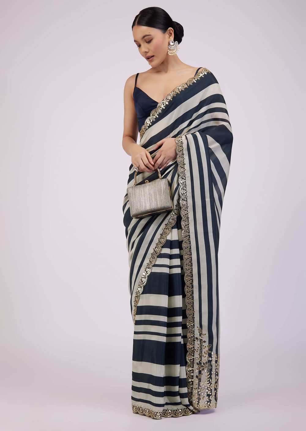 Insignia Blue Saree In Muslin With White Stripes And Embroidery