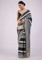 Insignia Blue Saree In Muslin With White Stripes And Embroidery