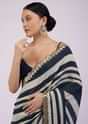 Insignia Blue Saree In Muslin With White Stripes And Embroidery