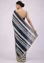 Insignia Blue Saree In Muslin With White Stripes And Embroidery