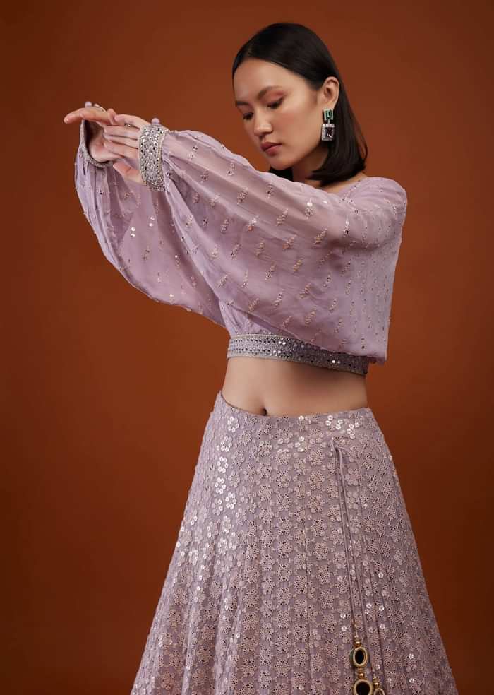 Lavender Purple Georgette Lehenga Set With Mirror Embroidery