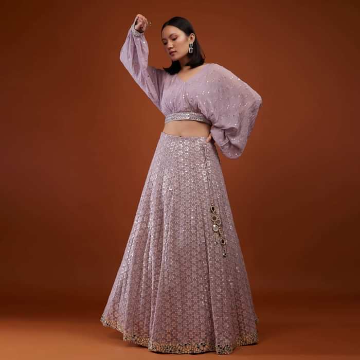 Lavender Purple Georgette Lehenga Set With Mirror Embroidery