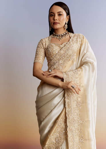 Ivory And Golden Kora Silk Saree With Heavy Zardosi Work