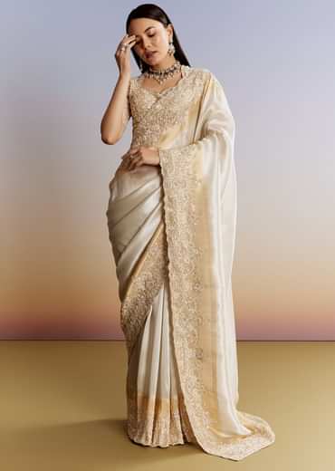 Ivory And Golden Kora Silk Saree With Heavy Zardosi Work