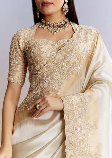Ivory And Golden Kora Silk Saree With Heavy Zardosi Work