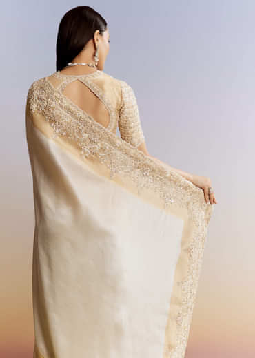 Ivory And Golden Kora Silk Saree With Heavy Zardosi Work