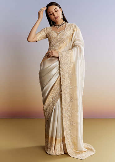 Ivory And Golden Kora Silk Saree With Heavy Zardosi Work