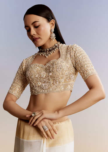 Ivory And Golden Kora Silk Saree With Heavy Zardosi Work