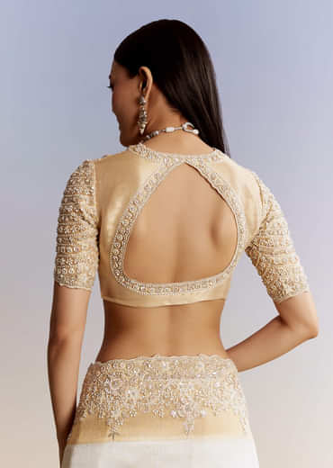 Ivory And Golden Kora Silk Saree With Heavy Zardosi Work