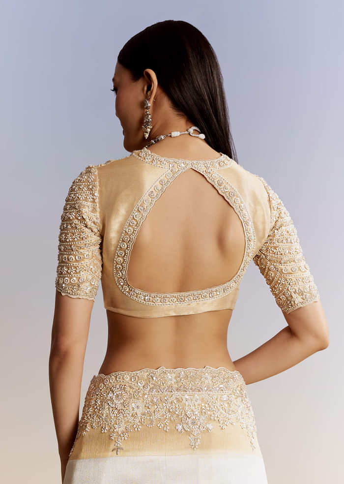 Ivory And Golden Kora Silk Saree With Heavy Zardosi Work