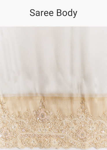 Ivory And Golden Kora Silk Saree With Heavy Zardosi Work