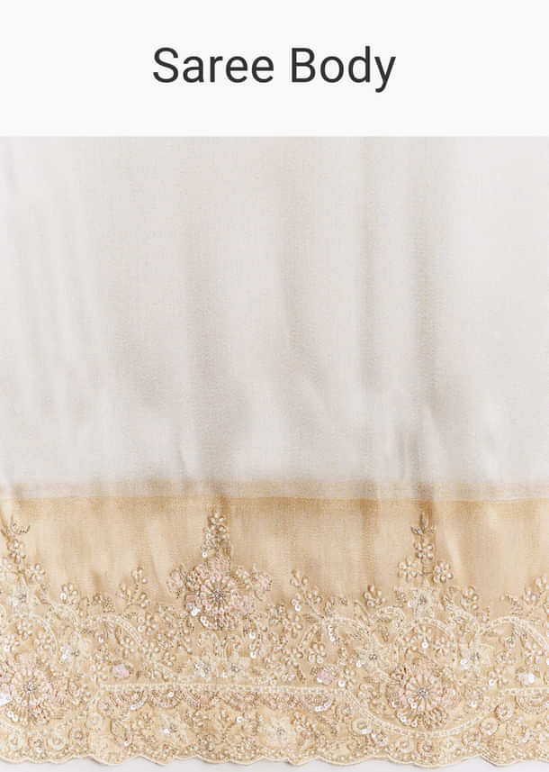 Ivory And Golden Kora Silk Saree With Heavy Zardosi Work