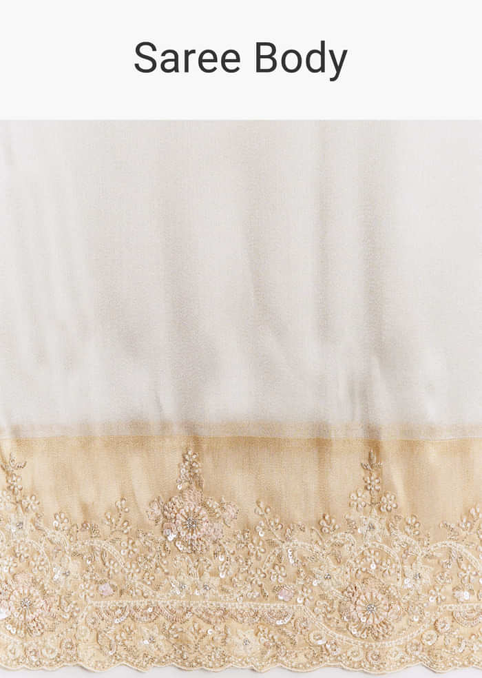 Ivory And Golden Kora Silk Saree With Heavy Zardosi Work