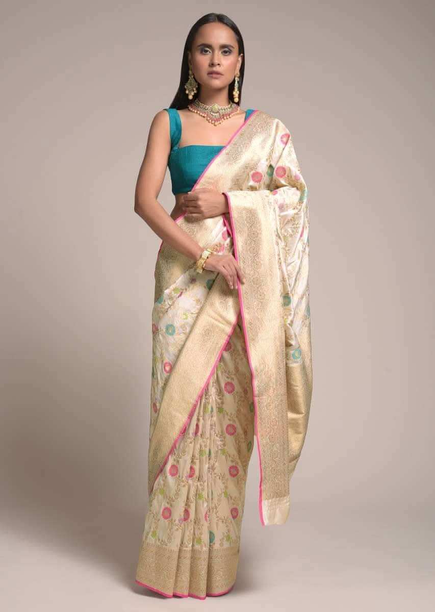 Ivory Beige Saree In Silk With Colorful Woven Floral Jaal And Golden Floral Border Online - Kalki Fashion