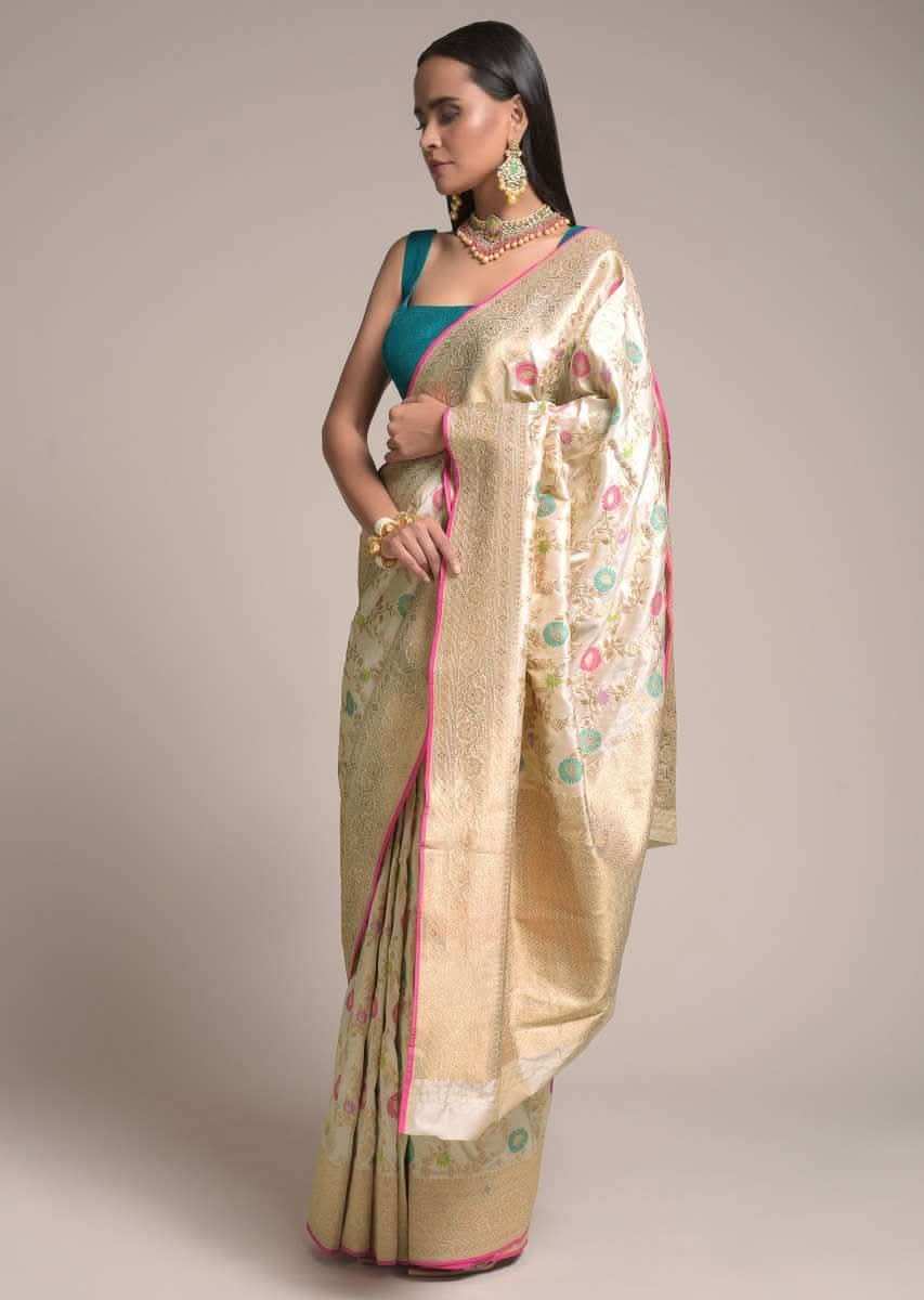 Ivory Beige Saree In Silk With Colorful Woven Floral Jaal And Golden Floral Border Online - Kalki Fashion