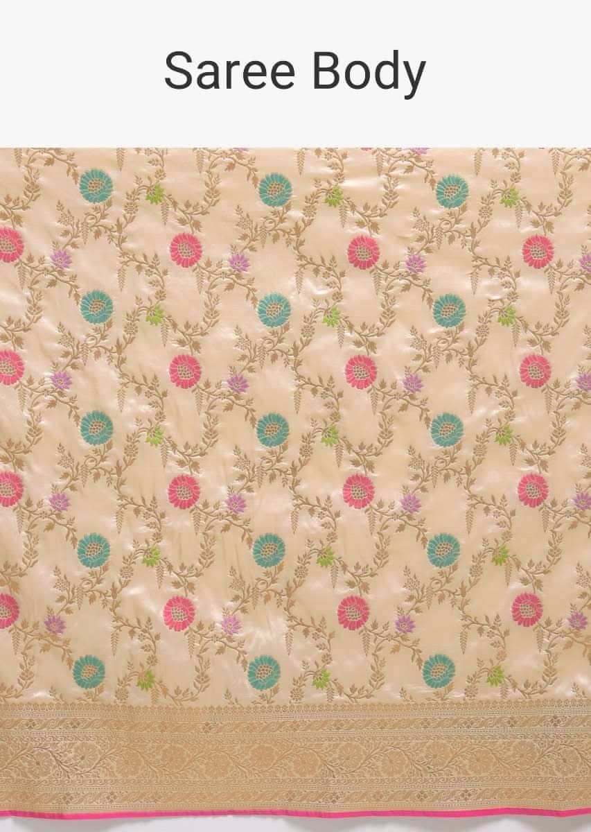 Ivory Beige Saree In Silk With Colorful Woven Floral Jaal And Golden Floral Border Online - Kalki Fashion