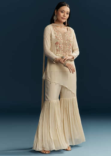 Ivory Chinon Sharara Suit With Zardosi Work