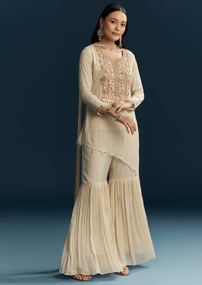 Ivory Chinon Sharara Suit With Zardosi Work