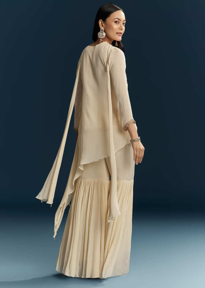 Ivory Chinon Sharara Suit With Zardosi Work