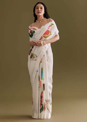 Ivory Cotton Linen Saree With Multicolour Butterfly Prints