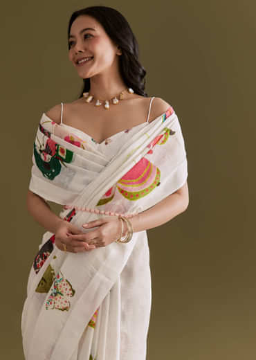 Ivory Cotton Linen Saree With Multicolour Butterfly Prints