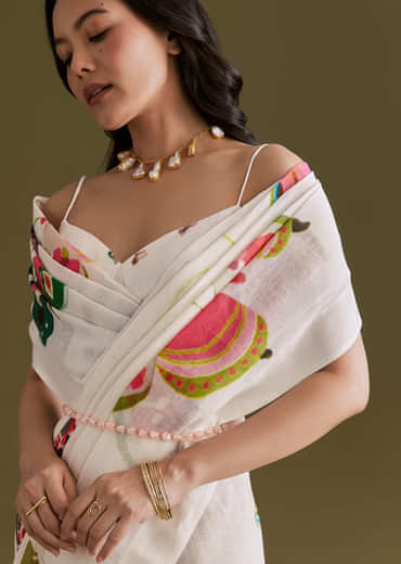 Ivory Cotton Linen Saree With Multicolour Butterfly Prints