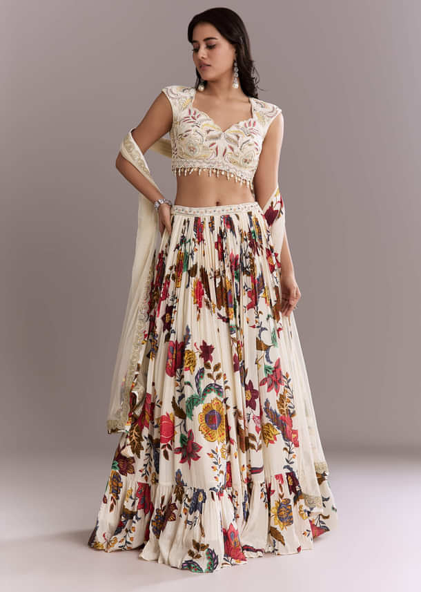 Ivory Crepe Floral Bridesmaid Lehenga With Heavy Hand Embroidery