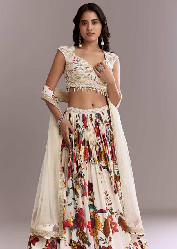 Ivory Crepe Floral Bridesmaid Lehenga With Heavy Hand Embroidery