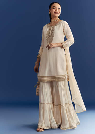 Ivory Crepe Kurta Set With Zardosi And Sequins Dupatta