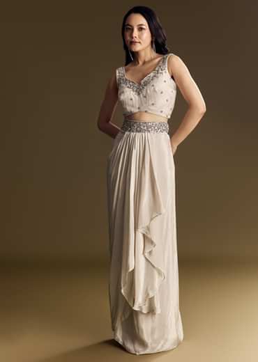 Ivory Crop Top Skirt Set With Cape And Silver Zardozi Work