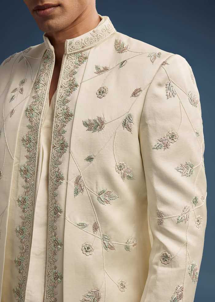 Ivory Dola Silk Jodhpuri Suit For Men With Zardosi Embroidery